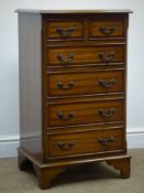 Small reproduction inlaid mahogany chest, two short and four long drawers, shaped bracket supports,