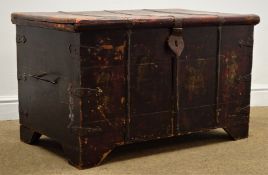 Eastern hardwood chest depicting oriental scenes, metal strapping, hinged lid with clasp.