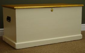 Early 20th century pine chest, hinged lid, cream painted finish, plinth base, W103cm, H50cm,