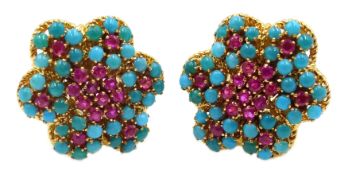 Pair of gold ruby and turquoise flower design earrings,