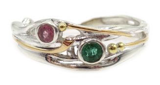 Silver emerald and pink tourmaline ring,