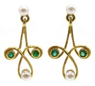 Pair of 18ct gold emerald and pearl pendant earrings,