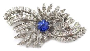 Platinum diamond and Ceylon sapphire flower spray brooch, diamonds approx 4 carat,