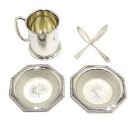 Pair of silver octagonal butter dishes with etched glass liners and silver knives and a small