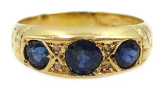 Mid Victorian 18ct gold three stone sapphire ring,
