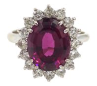 18ct white gold rubellite tourmaline and diamond cluster ring,