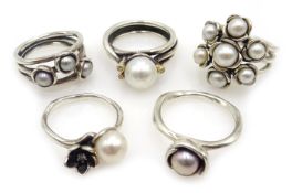 Pandora silver pearl and diamond ring and four other Pandora silver pearl set rings,