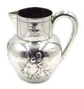 Silver jug with embossed hunting scenes in the style of Jorrocks (no marks), approx 18.