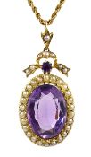 Victorian amethyst and seed pearl gold pendant stamped 15ct on gold chain necklace stamped 9ct