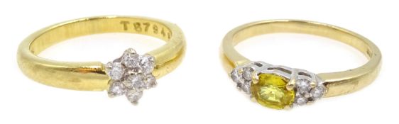 18ct gold diamond flower cluster ring and 9ct gold citrine and diamond ring,