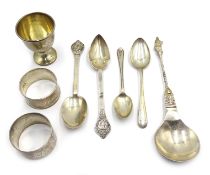 Silver egg cup, napkin rings and commemorative spoons all hallmarked, approx 7.