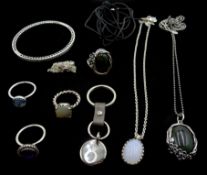 Collection of silver Pandora jewellery including four stone set rings, bangle, necklace,
