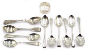 Set of six silver teaspoons, four others and a napkin ring all hallmarked,