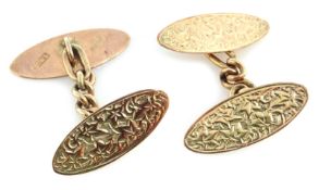 Pair 9ct rose gold oval cufflinks engraved decoration hallmarked Condition Report 3.