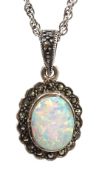 Silver opal and marcasite pendant necklace,