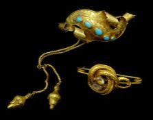 Victorian 18ct gold (tested) turquoise set Etruscan revival brooch and one other 15ct gold (tested)