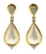 Pair of gold pear shaped pearl and diamond pendant earrings,