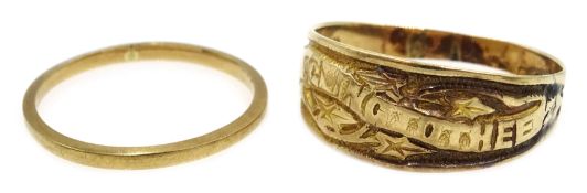 9ct gold love ring inscribed 'I cling to thee' hallmarked and a gold band unmarked
