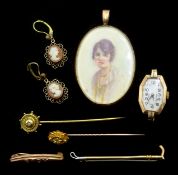Early 20th century gold mounted miniature painting on ivory, 'Baby' gold bar brooch,