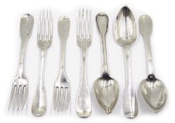 Four matched French silver table forks and three spoons, circa 1830, approx 15.