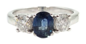 18ct white gold three stone teal sapphire and diamond ring, hallmarked, sapphire approx 1.