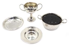 Silver twin handled presentation bowl, silver trophy, armada dish and similar dish all hallmarked,