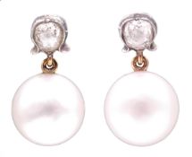 Pair of gold and silver pearl and old cut diamond pendant earrings Condition Report