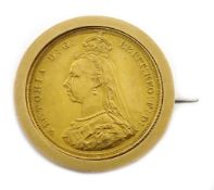 1887 gold sovereign in gold swivel brooch mount, steel pin Condition Report 12.