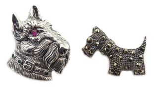 Two silver marcasite Scottie dog brooches,