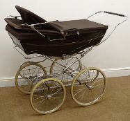 1980's Silver Cross pram, brown body with chrome chassis and wheels,
