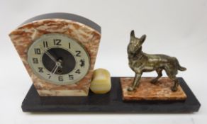 Art Deco marble mantle clock, surmounted with spelter Alsatian,