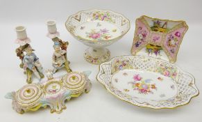 Berlin porcelain ink stand, scroll base, two removable inkwells & floral painted centre, L24.