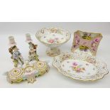 Berlin porcelain ink stand, scroll base, two removable inkwells & floral painted centre, L24.