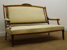Edwardian inlaid two seat sofa, raised shaped back, upholstered back,
