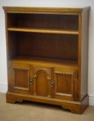 Medium oak open bookcase, single shelf above two cupboard doors with carved detailing,