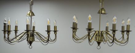 Two brushed brass eight branch chandeliers,