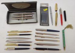 Parker stainless steel cased pen set, six other Parker ballpoint, fountain and propelling pencils,