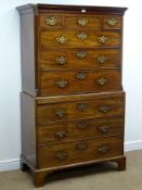 George III mahogany chest on chest, moulded projecting cornice,