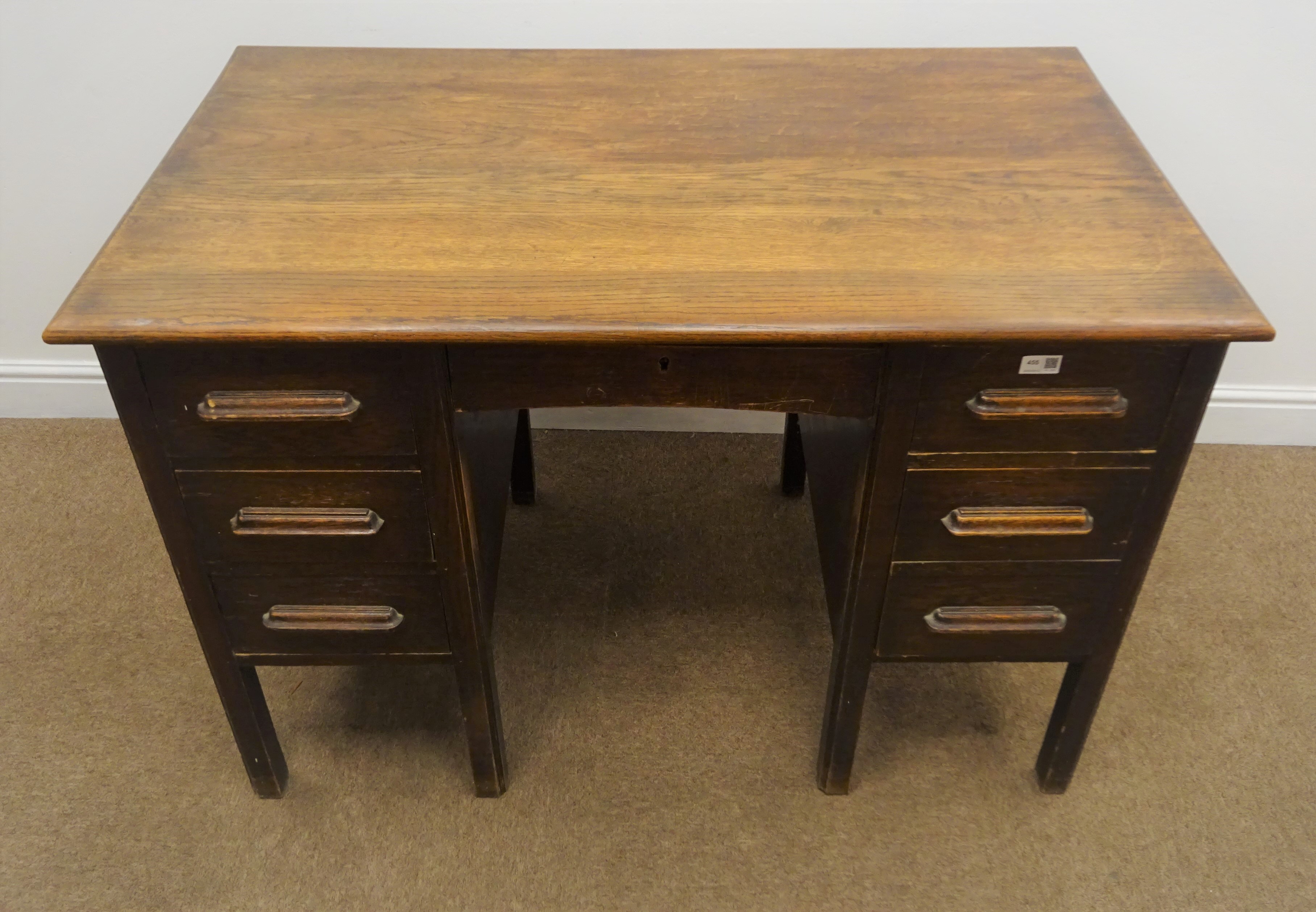 1930's oak twin pedestal desk, single central frieze drawer flanked by six graduating drawers, - Image 2 of 3