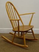 Ercol hoop back rocking chair, elm seat, turned supports,