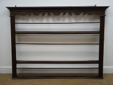 Country made oak and pine three tier plate rack with shaped frieze, W158cm, H115cm,