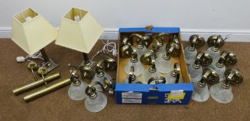 Seventeen brushed brass wall lights with scroll branch with alabaster glass shade,