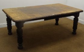 19th century oak extending dining table with leaf, heavily carved turned supports, W179cm, H70cm,