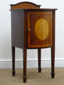Edwardian inlaid d cross banded mahogany serpentine bedside cabinet, raised shaped back,