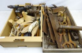 Collection of old tools to include smoothing plane, Ransomes and other cast iron spanners,