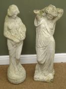 Two composite stone figures of woman carrying flowers and a water jug,