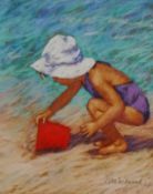 Child Playing on the Beach, 20th century pastel signed by L F Westwood 19.5cm x 15.