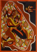 Erotic Scenes, two contemporary Sri Lanka batik's signed by Fernando Bandula, one dated 2001,