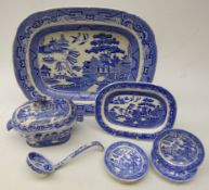 Collection of 19th century Willow pattern wares comprising six miniature plates,