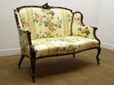 Late Victorian mahogany settee, moulded and acanthus caved frame with pierced scroll cresting,